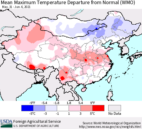 China, Mongolia and Taiwan Mean Maximum Temperature Departure from Normal (WMO) Thematic Map For 5/31/2021 - 6/6/2021