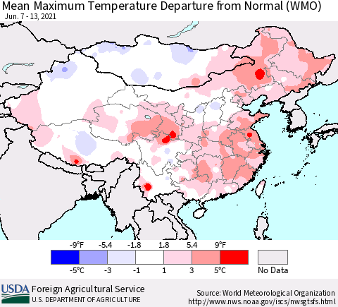 China, Mongolia and Taiwan Mean Maximum Temperature Departure from Normal (WMO) Thematic Map For 6/7/2021 - 6/13/2021