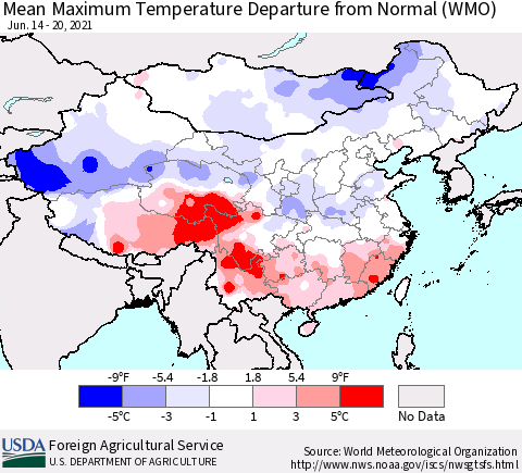 China, Mongolia and Taiwan Mean Maximum Temperature Departure from Normal (WMO) Thematic Map For 6/14/2021 - 6/20/2021