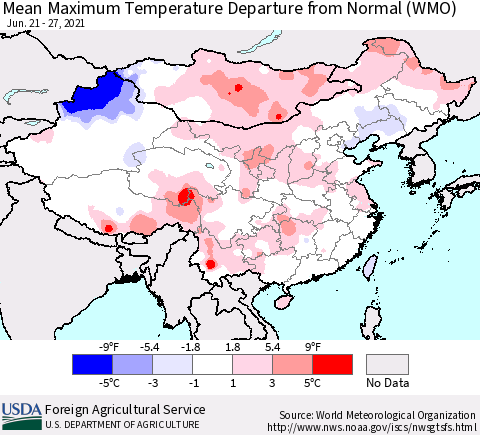 China, Mongolia and Taiwan Mean Maximum Temperature Departure from Normal (WMO) Thematic Map For 6/21/2021 - 6/27/2021