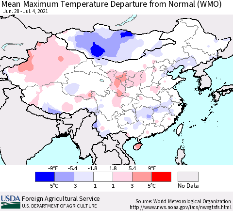 China, Mongolia and Taiwan Mean Maximum Temperature Departure from Normal (WMO) Thematic Map For 6/28/2021 - 7/4/2021