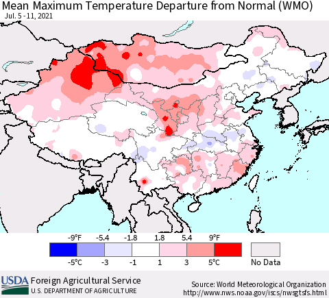 China, Mongolia and Taiwan Mean Maximum Temperature Departure from Normal (WMO) Thematic Map For 7/5/2021 - 7/11/2021