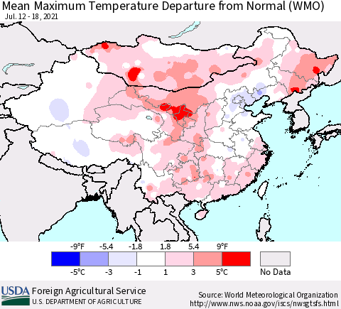 China, Mongolia and Taiwan Mean Maximum Temperature Departure from Normal (WMO) Thematic Map For 7/12/2021 - 7/18/2021