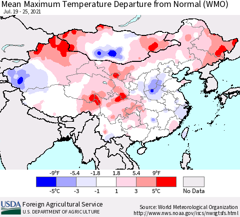 China, Mongolia and Taiwan Mean Maximum Temperature Departure from Normal (WMO) Thematic Map For 7/19/2021 - 7/25/2021