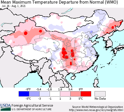 China, Mongolia and Taiwan Mean Maximum Temperature Departure from Normal (WMO) Thematic Map For 7/26/2021 - 8/1/2021