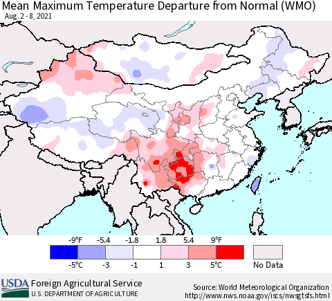 China, Mongolia and Taiwan Mean Maximum Temperature Departure from Normal (WMO) Thematic Map For 8/2/2021 - 8/8/2021