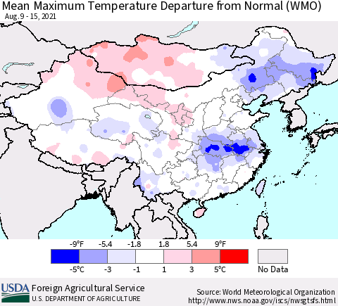 China, Mongolia and Taiwan Mean Maximum Temperature Departure from Normal (WMO) Thematic Map For 8/9/2021 - 8/15/2021