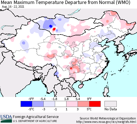 China, Mongolia and Taiwan Mean Maximum Temperature Departure from Normal (WMO) Thematic Map For 8/16/2021 - 8/22/2021
