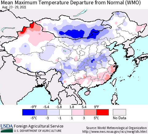 China, Mongolia and Taiwan Mean Maximum Temperature Departure from Normal (WMO) Thematic Map For 8/23/2021 - 8/29/2021