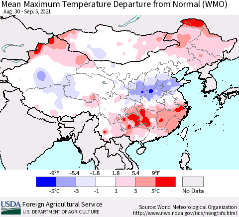 China, Mongolia and Taiwan Mean Maximum Temperature Departure from Normal (WMO) Thematic Map For 8/30/2021 - 9/5/2021