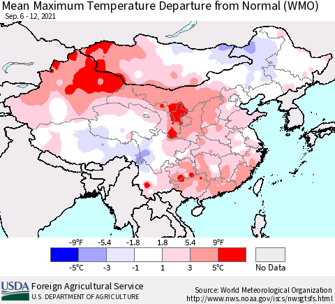 China, Mongolia and Taiwan Mean Maximum Temperature Departure from Normal (WMO) Thematic Map For 9/6/2021 - 9/12/2021