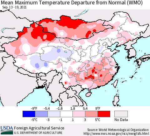 China, Mongolia and Taiwan Mean Maximum Temperature Departure from Normal (WMO) Thematic Map For 9/13/2021 - 9/19/2021