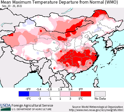 China, Mongolia and Taiwan Mean Maximum Temperature Departure from Normal (WMO) Thematic Map For 9/20/2021 - 9/26/2021