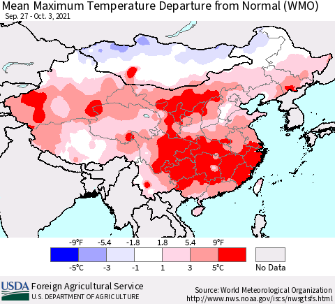 China, Mongolia and Taiwan Mean Maximum Temperature Departure from Normal (WMO) Thematic Map For 9/27/2021 - 10/3/2021