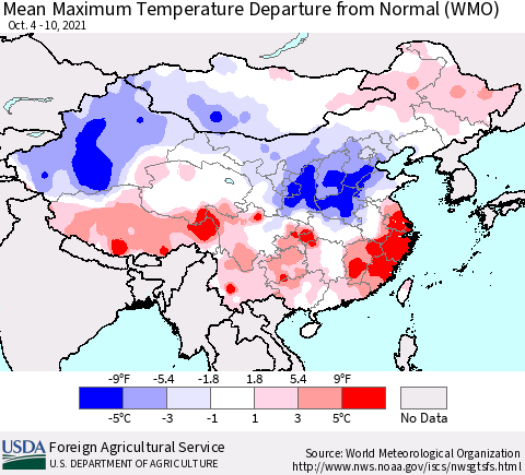 China, Mongolia and Taiwan Mean Maximum Temperature Departure from Normal (WMO) Thematic Map For 10/4/2021 - 10/10/2021