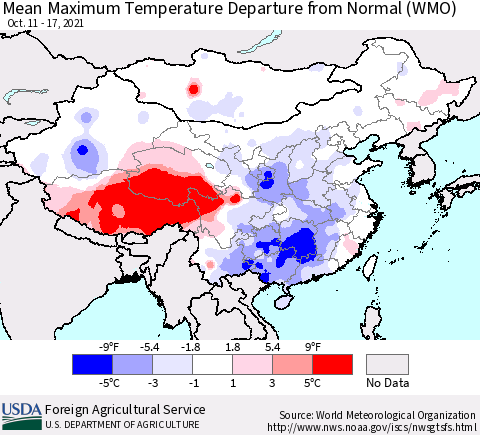 China, Mongolia and Taiwan Mean Maximum Temperature Departure from Normal (WMO) Thematic Map For 10/11/2021 - 10/17/2021