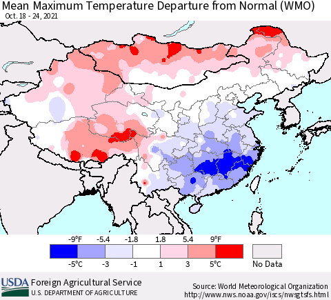 China, Mongolia and Taiwan Mean Maximum Temperature Departure from Normal (WMO) Thematic Map For 10/18/2021 - 10/24/2021
