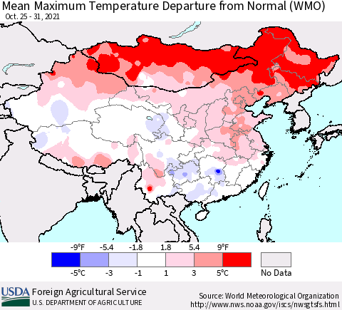 China, Mongolia and Taiwan Mean Maximum Temperature Departure from Normal (WMO) Thematic Map For 10/25/2021 - 10/31/2021