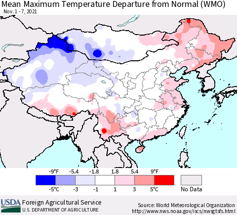 China, Mongolia and Taiwan Mean Maximum Temperature Departure from Normal (WMO) Thematic Map For 11/1/2021 - 11/7/2021