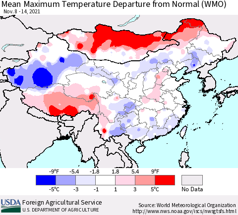 China, Mongolia and Taiwan Mean Maximum Temperature Departure from Normal (WMO) Thematic Map For 11/8/2021 - 11/14/2021