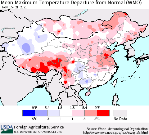 China, Mongolia and Taiwan Mean Maximum Temperature Departure from Normal (WMO) Thematic Map For 11/15/2021 - 11/21/2021