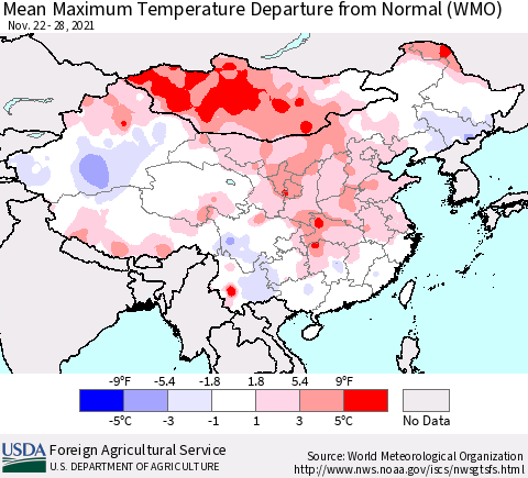 China, Mongolia and Taiwan Mean Maximum Temperature Departure from Normal (WMO) Thematic Map For 11/22/2021 - 11/28/2021