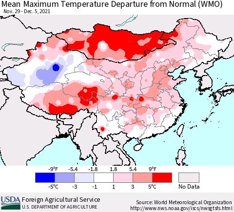 China, Mongolia and Taiwan Mean Maximum Temperature Departure from Normal (WMO) Thematic Map For 11/29/2021 - 12/5/2021