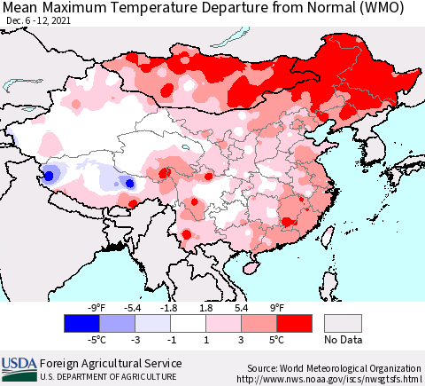 China, Mongolia and Taiwan Mean Maximum Temperature Departure from Normal (WMO) Thematic Map For 12/6/2021 - 12/12/2021