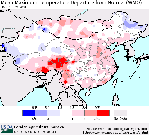 China, Mongolia and Taiwan Mean Maximum Temperature Departure from Normal (WMO) Thematic Map For 12/13/2021 - 12/19/2021