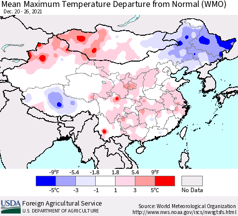China, Mongolia and Taiwan Mean Maximum Temperature Departure from Normal (WMO) Thematic Map For 12/20/2021 - 12/26/2021
