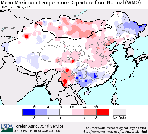 China, Mongolia and Taiwan Mean Maximum Temperature Departure from Normal (WMO) Thematic Map For 12/27/2021 - 1/2/2022