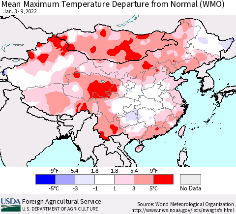 China, Mongolia and Taiwan Mean Maximum Temperature Departure from Normal (WMO) Thematic Map For 1/3/2022 - 1/9/2022