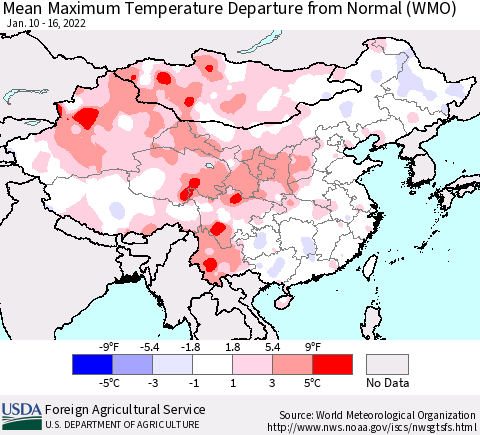 China, Mongolia and Taiwan Mean Maximum Temperature Departure from Normal (WMO) Thematic Map For 1/10/2022 - 1/16/2022