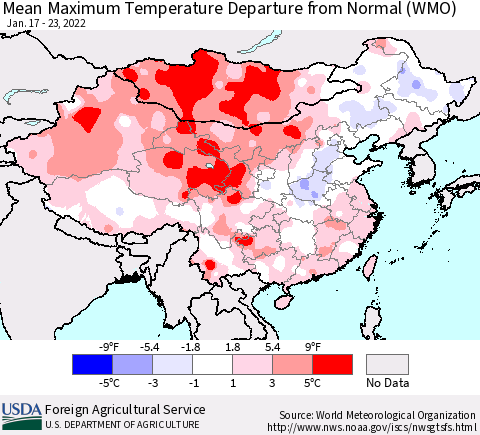 China, Mongolia and Taiwan Mean Maximum Temperature Departure from Normal (WMO) Thematic Map For 1/17/2022 - 1/23/2022