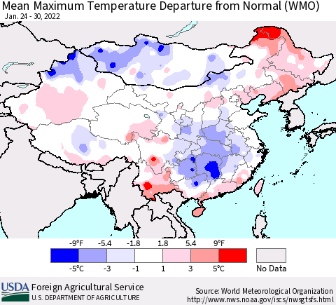 China, Mongolia and Taiwan Mean Maximum Temperature Departure from Normal (WMO) Thematic Map For 1/24/2022 - 1/30/2022