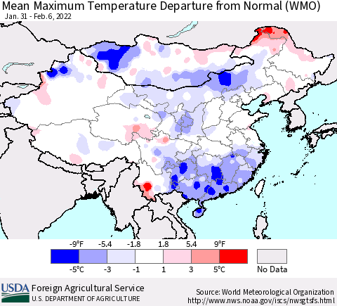 China, Mongolia and Taiwan Mean Maximum Temperature Departure from Normal (WMO) Thematic Map For 1/31/2022 - 2/6/2022