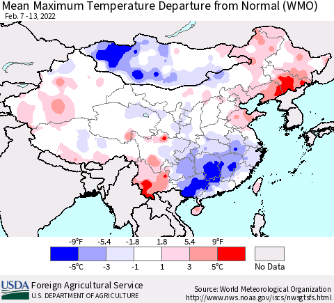 China, Mongolia and Taiwan Mean Maximum Temperature Departure from Normal (WMO) Thematic Map For 2/7/2022 - 2/13/2022