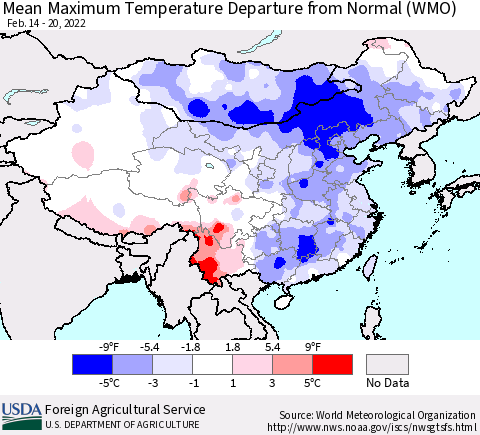 China, Mongolia and Taiwan Mean Maximum Temperature Departure from Normal (WMO) Thematic Map For 2/14/2022 - 2/20/2022