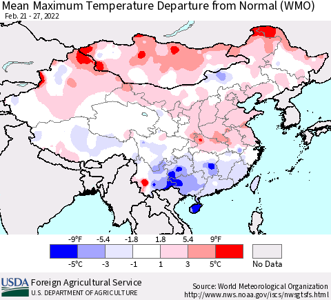 China, Mongolia and Taiwan Mean Maximum Temperature Departure from Normal (WMO) Thematic Map For 2/21/2022 - 2/27/2022