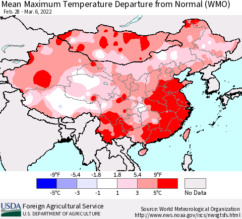 China, Mongolia and Taiwan Mean Maximum Temperature Departure from Normal (WMO) Thematic Map For 2/28/2022 - 3/6/2022