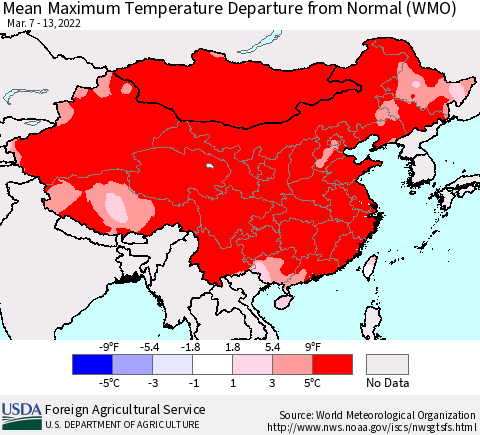 China, Mongolia and Taiwan Mean Maximum Temperature Departure from Normal (WMO) Thematic Map For 3/7/2022 - 3/13/2022