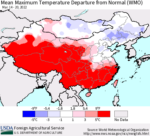 China, Mongolia and Taiwan Mean Maximum Temperature Departure from Normal (WMO) Thematic Map For 3/14/2022 - 3/20/2022