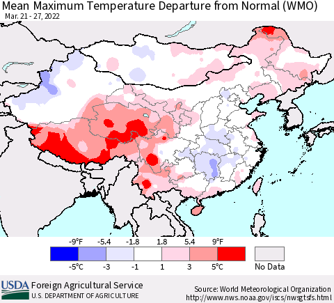 China, Mongolia and Taiwan Mean Maximum Temperature Departure from Normal (WMO) Thematic Map For 3/21/2022 - 3/27/2022