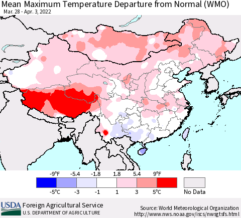 China, Mongolia and Taiwan Mean Maximum Temperature Departure from Normal (WMO) Thematic Map For 3/28/2022 - 4/3/2022