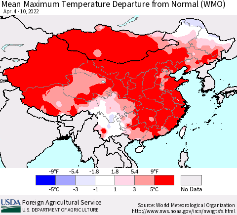 China, Mongolia and Taiwan Mean Maximum Temperature Departure from Normal (WMO) Thematic Map For 4/4/2022 - 4/10/2022