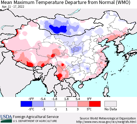 China, Mongolia and Taiwan Mean Maximum Temperature Departure from Normal (WMO) Thematic Map For 4/11/2022 - 4/17/2022