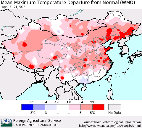 China, Mongolia and Taiwan Mean Maximum Temperature Departure from Normal (WMO) Thematic Map For 4/18/2022 - 4/24/2022