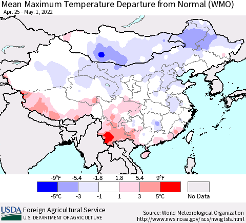 China, Mongolia and Taiwan Mean Maximum Temperature Departure from Normal (WMO) Thematic Map For 4/25/2022 - 5/1/2022