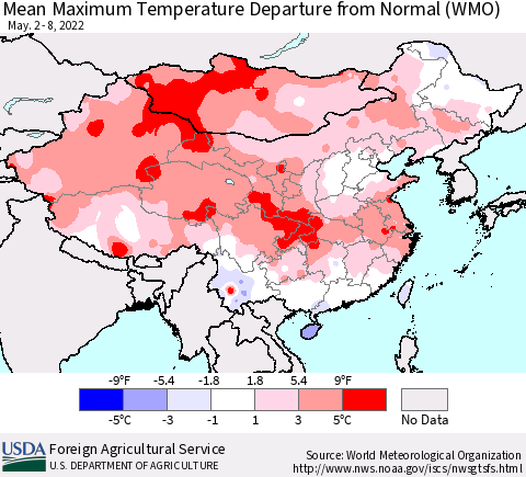 China, Mongolia and Taiwan Mean Maximum Temperature Departure from Normal (WMO) Thematic Map For 5/2/2022 - 5/8/2022