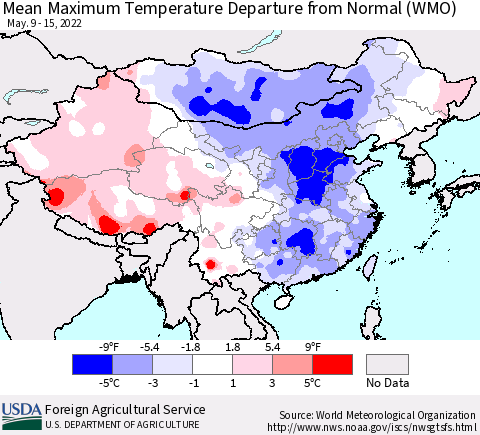 China, Mongolia and Taiwan Mean Maximum Temperature Departure from Normal (WMO) Thematic Map For 5/9/2022 - 5/15/2022